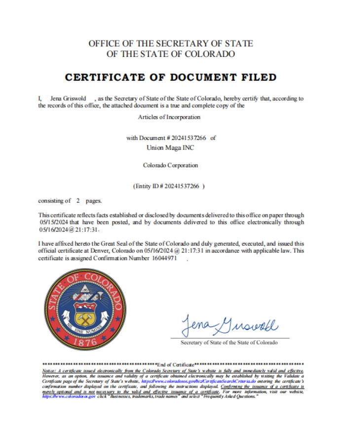 Colorado Secretary of State Entity Registration Certificate