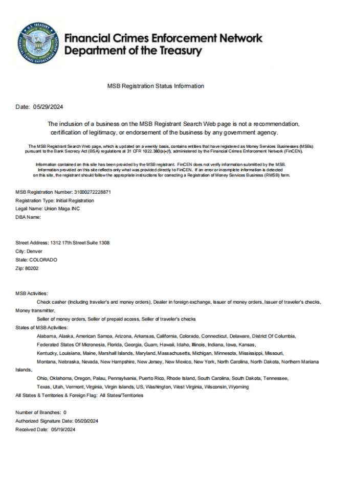 FinCEN MSB Registration Certificate